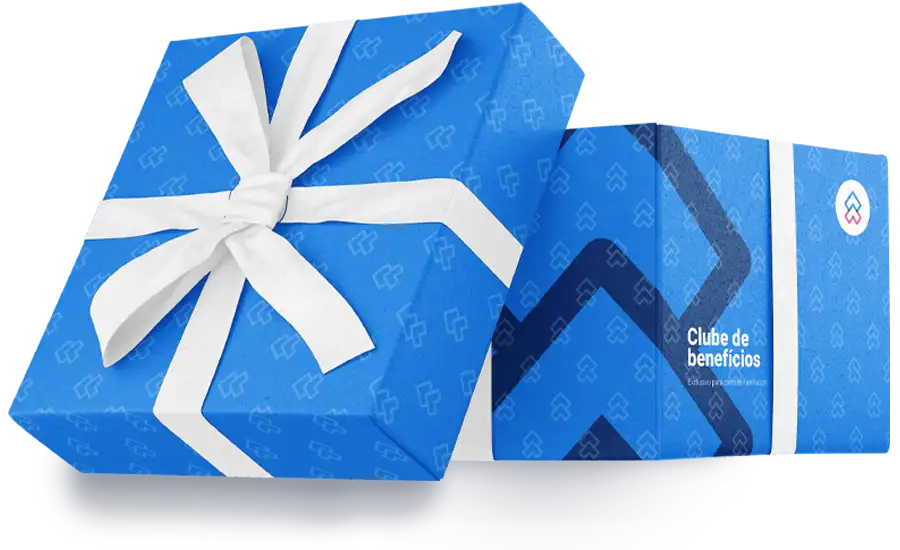 caixa de presente azul, fita branca, com logotipo Hubfarmacon Clube de benefícios para farmácias